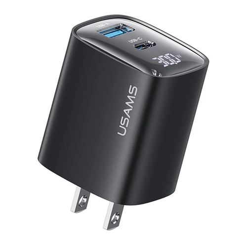 USAMS CC230 30W Fast Charging GaN Adapter USB-C+USB-C Dual Port Wall Charger Power Display, US Plug - Black - 1