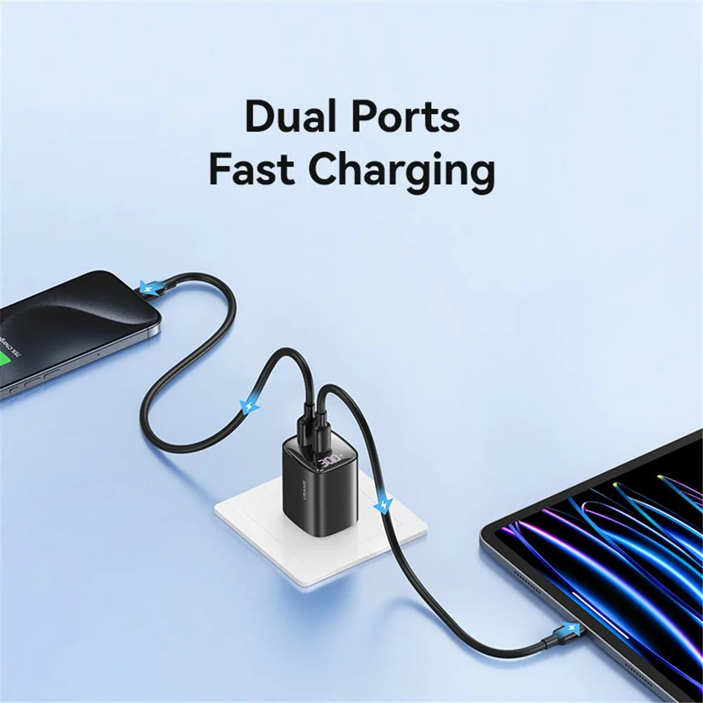 USAMS CC230 30W Fast Charging GaN Adapter USB-C+USB-C Dual Port Wall Charger Power Display, US Plug - Black - 4