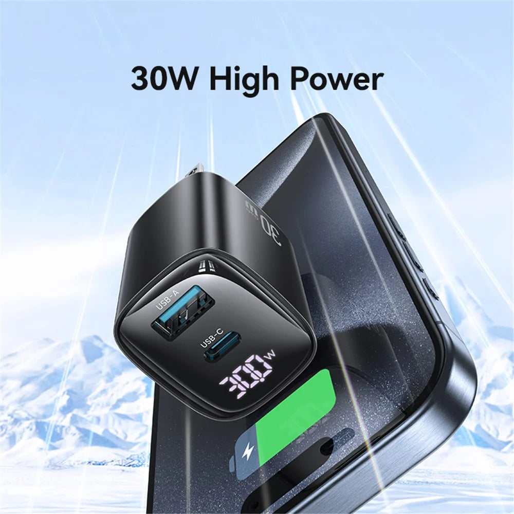 USAMS CC230 30W Fast Charging GaN Adapter USB-C+USB-C Dual Port Wall Charger Power Display, US Plug - Black - 5