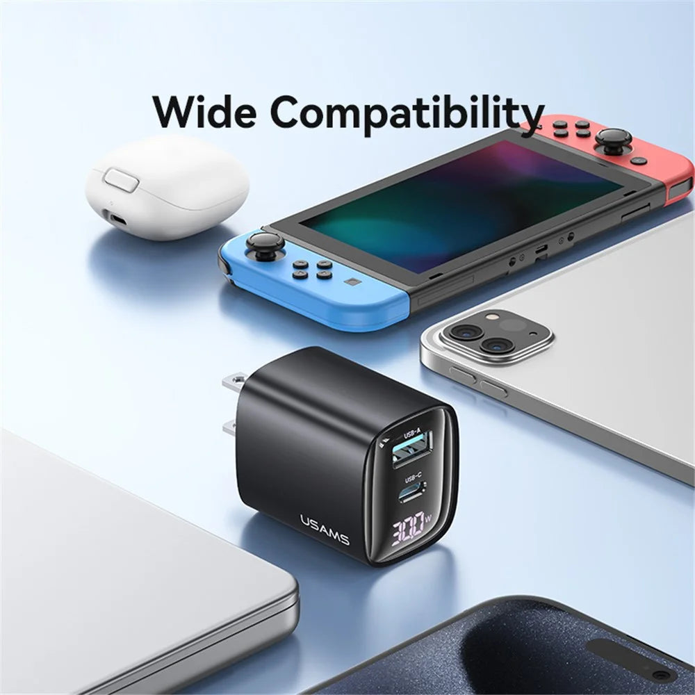 USAMS CC230 30W Fast Charging GaN Adapter USB-C+USB-C Dual Port Wall Charger Power Display, US Plug - Black - 6