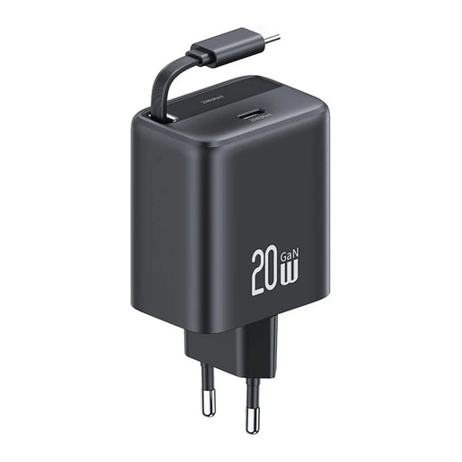 USAMS CC233 20W GaN Charger PD3.0+QC3.0 Fast Charging Adapter with Retractable Type-C Cable, EU Plug - Black - 1