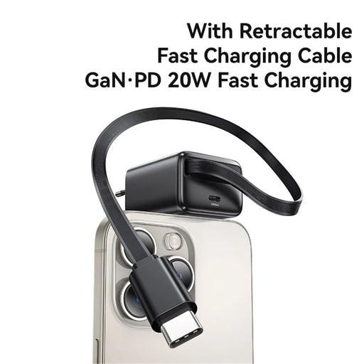 USAMS CC233 20W GaN Charger PD3.0+QC3.0 Fast Charging Adapter with Retractable Type-C Cable, EU Plug - Black - 2