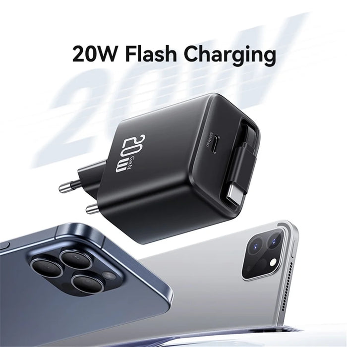 USAMS CC233 20W GaN Charger PD3.0+QC3.0 Fast Charging Adapter with Retractable Type-C Cable, EU Plug - Black - 5
