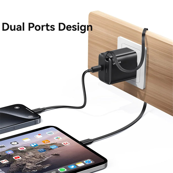 USAMS CC233 20W GaN Charger PD3.0+QC3.0 Fast Charging Adapter with Retractable Type-C Cable, EU Plug - Black - 6