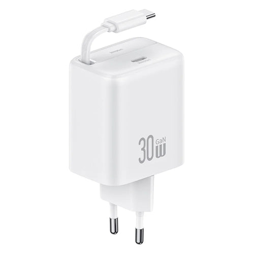USAMS CC241 30W Type-C Charger GaN PD3.0+QC3.0 Power Adapter with Retractable Cable, EU Plug - White - 1
