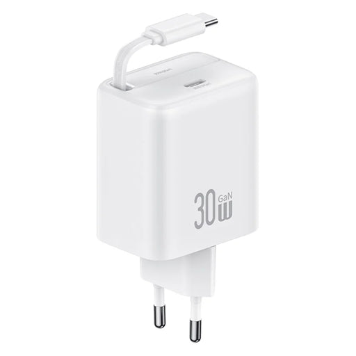 USAMS CC241 30W Type-C Charger GaN PD3.0+QC3.0 Power Adapter with Retractable Cable, EU Plug - White - 1