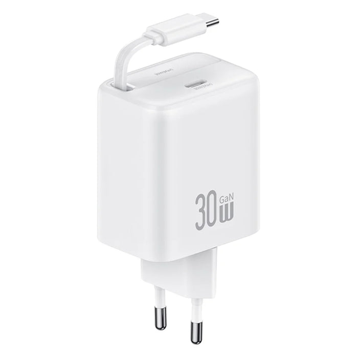 USAMS CC241 30W Type-C Charger GaN PD3.0+QC3.0 Power Adapter with Retractable Cable, EU Plug - White - 1