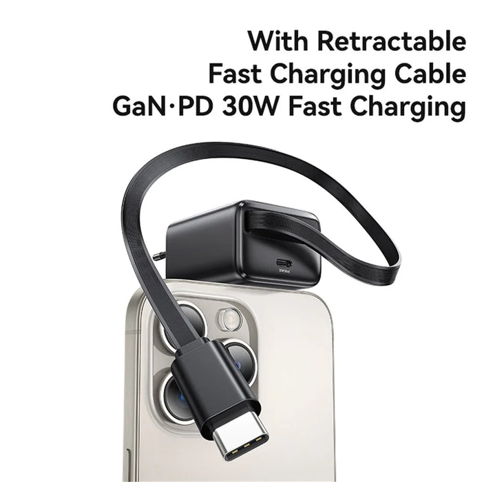 USAMS CC241 30W Type-C Charger GaN PD3.0+QC3.0 Power Adapter with Retractable Cable, EU Plug - White - 2