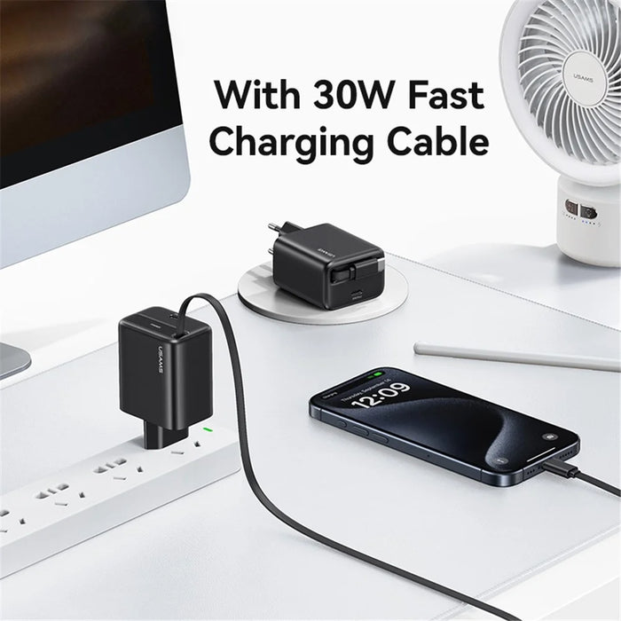 USAMS CC241 30W Type-C Charger GaN PD3.0+QC3.0 Power Adapter with Retractable Cable, EU Plug - White - 3