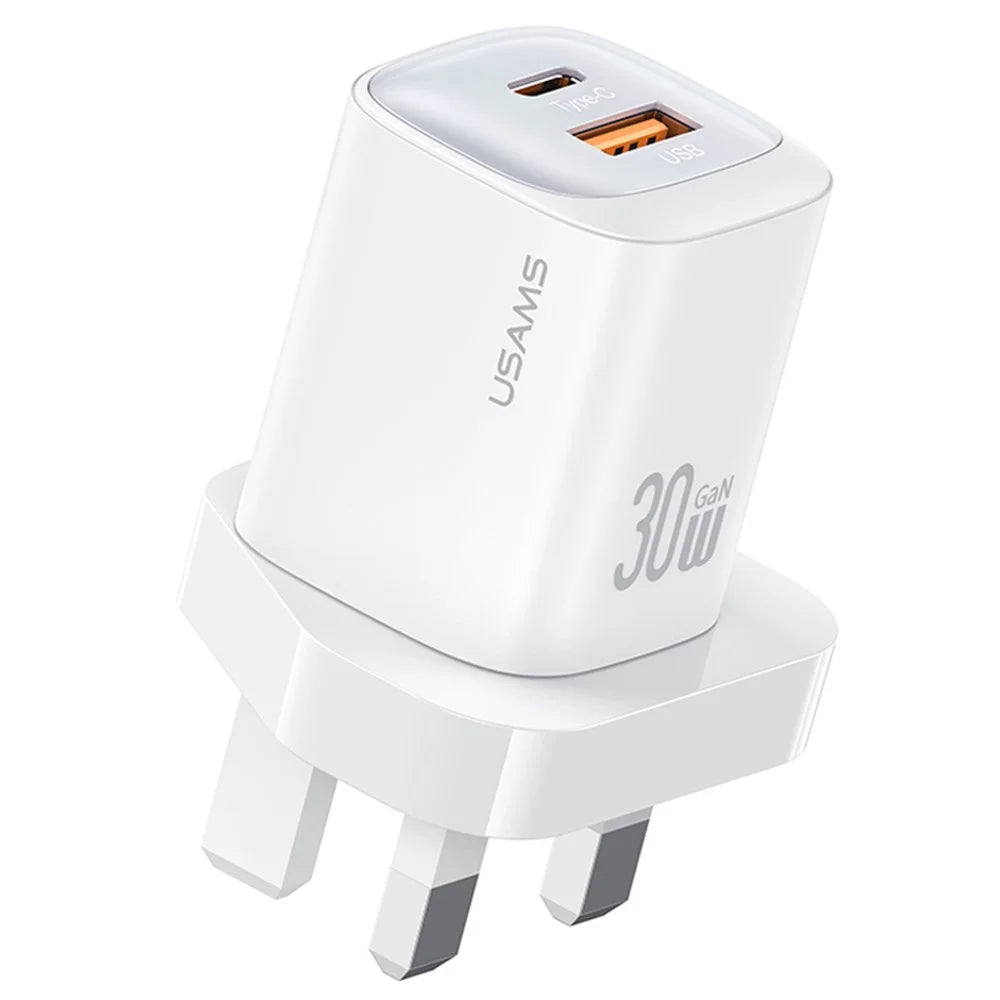 USAMS CC256 30W Dual Port GaN Charger Type-C + USB-A Fast Charging Adapter, UK Plug - White - 1