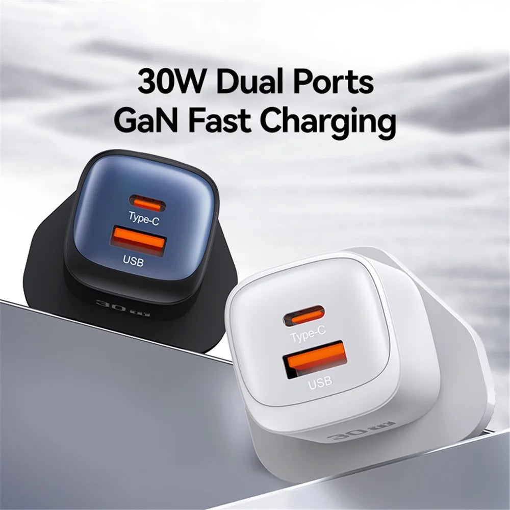 USAMS CC256 30W Dual Port GaN Charger Type-C + USB-A Fast Charging Adapter, UK Plug - White - 2