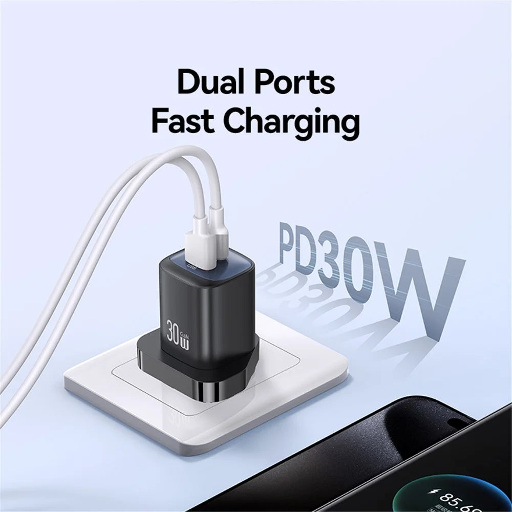 USAMS CC256 30W Dual Port GaN Charger Type-C + USB-A Fast Charging Adapter, UK Plug - White - 4