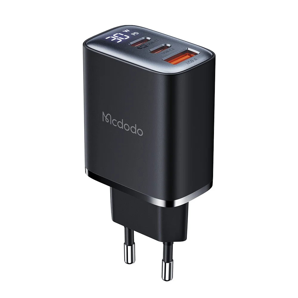 MCDODO CH-2180 30W Dual Type-C+USB-A Wall Charger Digital Display Charging Adapter, EU Plug - Black - 1