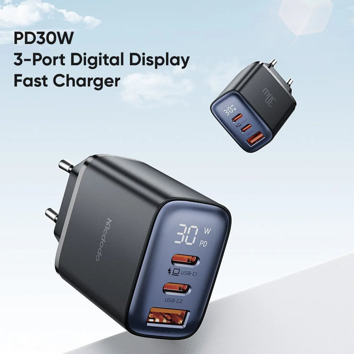MCDODO CH-2180 30W Dual Type-C+USB-A Wall Charger Digital Display Charging Adapter, EU Plug - Black - 2