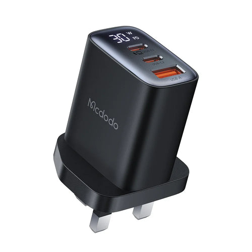 MCDODO CH-2170 30W 3-Port Digital Display Fast Charger (Dual Type-C+USB-A), UK Plug - Black - 1