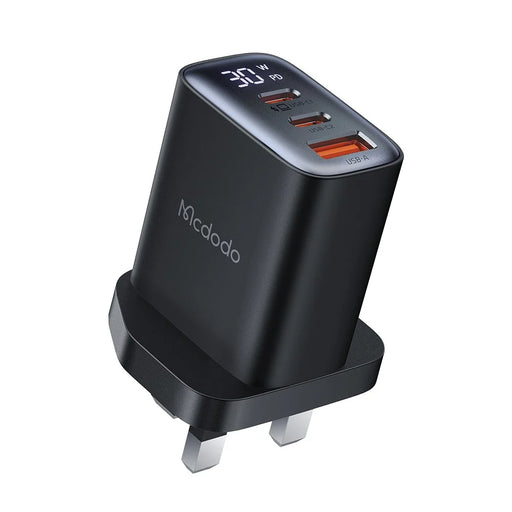 MCDODO CH-2170 30W 3-Port Digital Display Fast Charger (Dual Type-C+USB-A), UK Plug - Black - 1