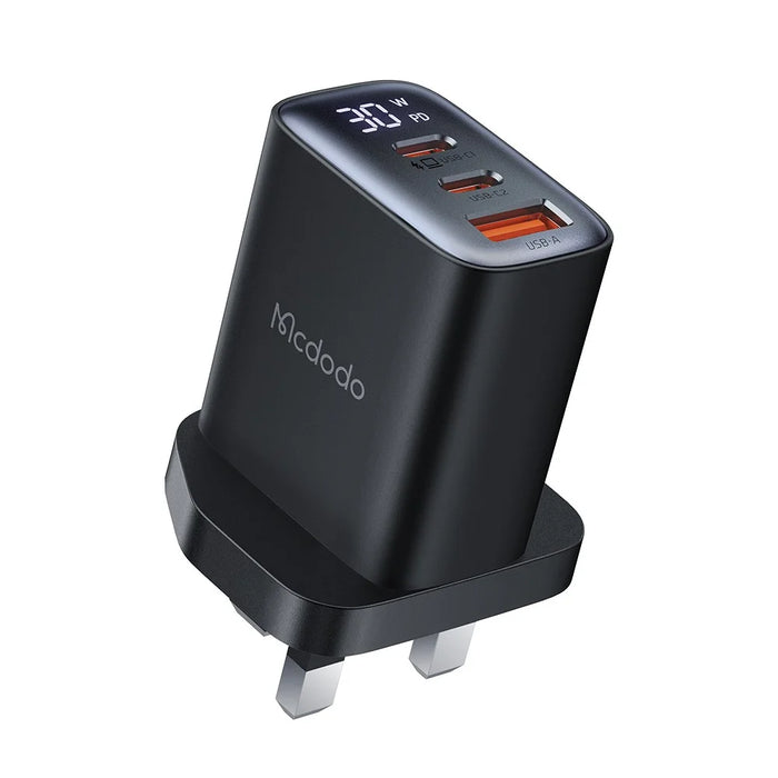 MCDODO CH-2170 30W 3-Port Digital Display Fast Charger (Dual Type-C+USB-A), UK Plug - Black - 1