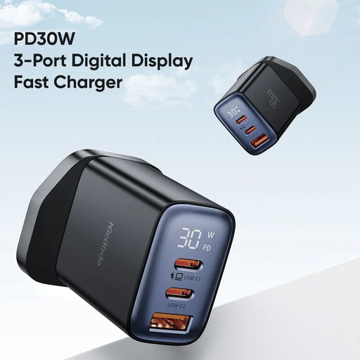 MCDODO CH-2170 30W 3-Port Digital Display Fast Charger (Dual Type-C+USB-A), UK Plug - Black - 2