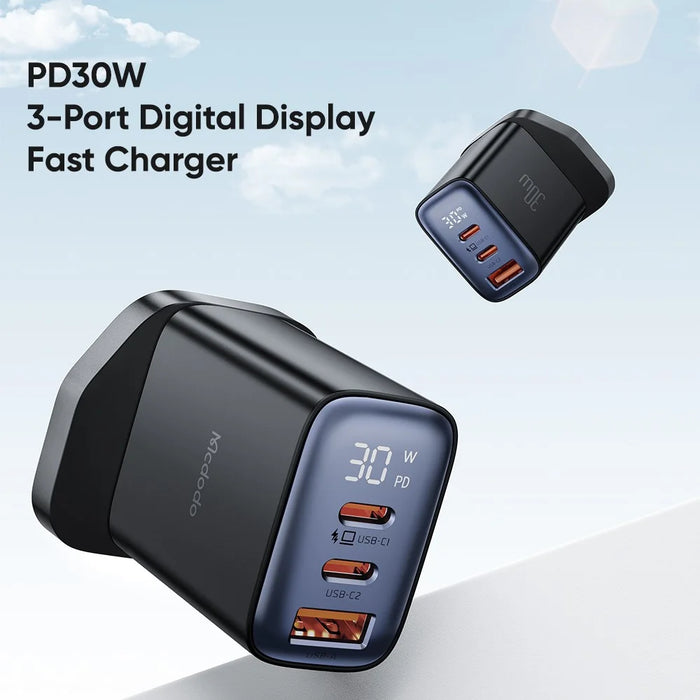 MCDODO CH-2170 30W 3-Port Digital Display Fast Charger (Dual Type-C+USB-A), UK Plug - Black - 2