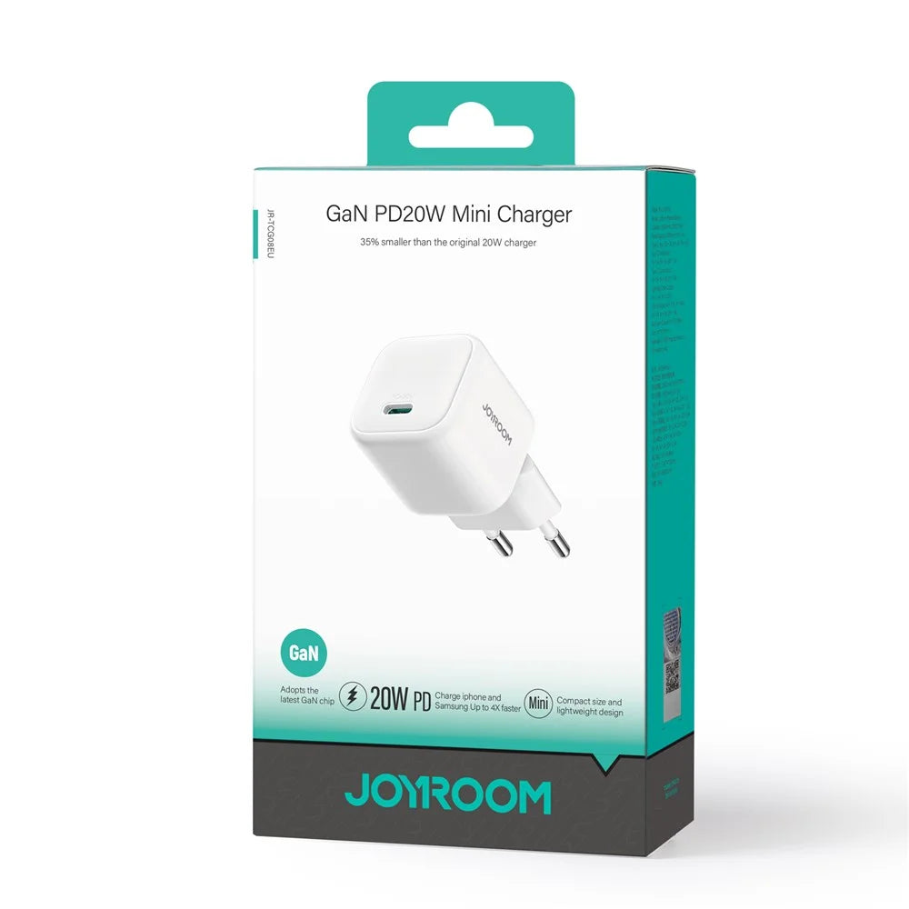 JOYROOM JR-TCG08 PD 20W Fast Charging GaN Charger Mini Power Adapter for iPhone 16-15 Series , EU Plug - White - 6