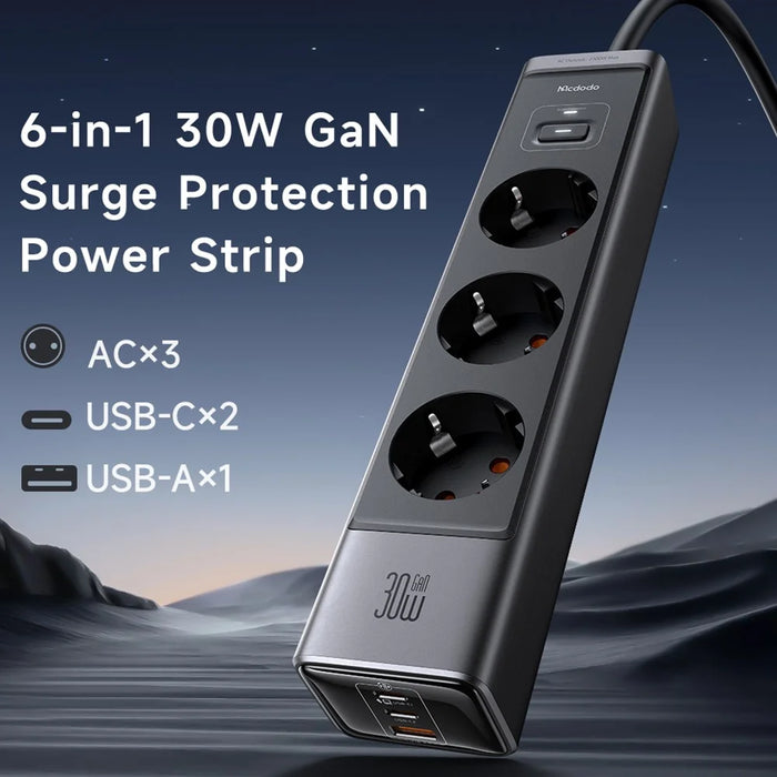 MCDODO CH-0620 EU Plug 6-in-1 30W GaN Surge Protection Power Strip (3 AC+2 USB-C+USB-A) - Black - 2