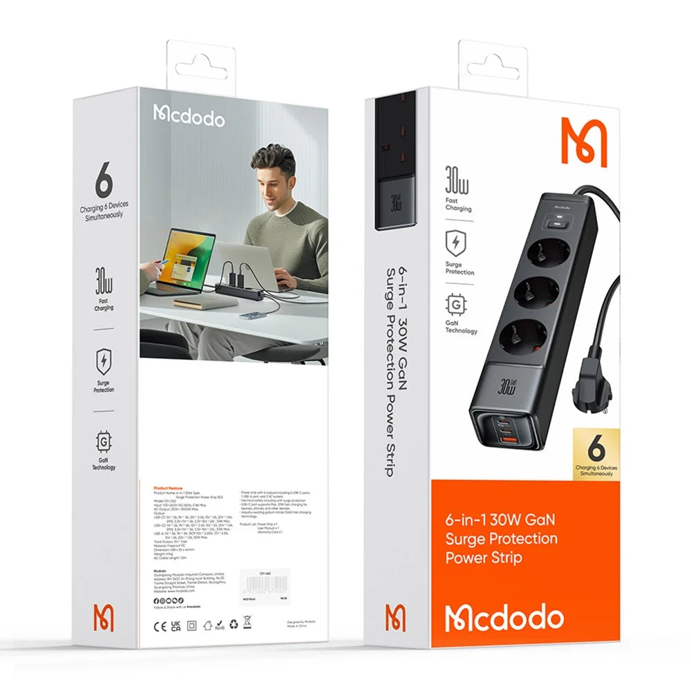 MCDODO CH-0620 EU Plug 6-in-1 30W GaN Surge Protection Power Strip (3 AC+2 USB-C+USB-A) - Black - 7