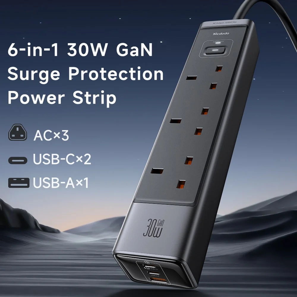 MCDODO CH-0600 UK Plug 6-in-1 30W GaN Surge Protection Power Strip (3 AC+2 USB-C+USB-A) - Black - 2