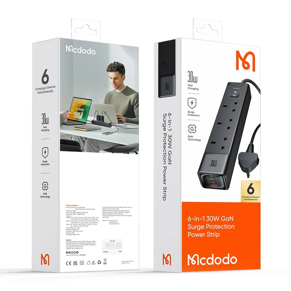 MCDODO CH-0600 UK Plug 6-in-1 30W GaN Surge Protection Power Strip (3 AC+2 USB-C+USB-A) - Black - 7