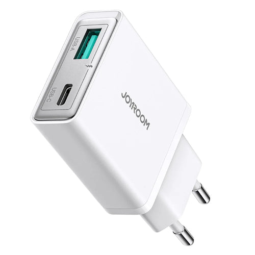JOYROOM JR-TCF14 20W Fast Charging Charger USB-C+USB-A Dual Port Adapter, EU Plug for iPhone 16-15 Series - White - 1