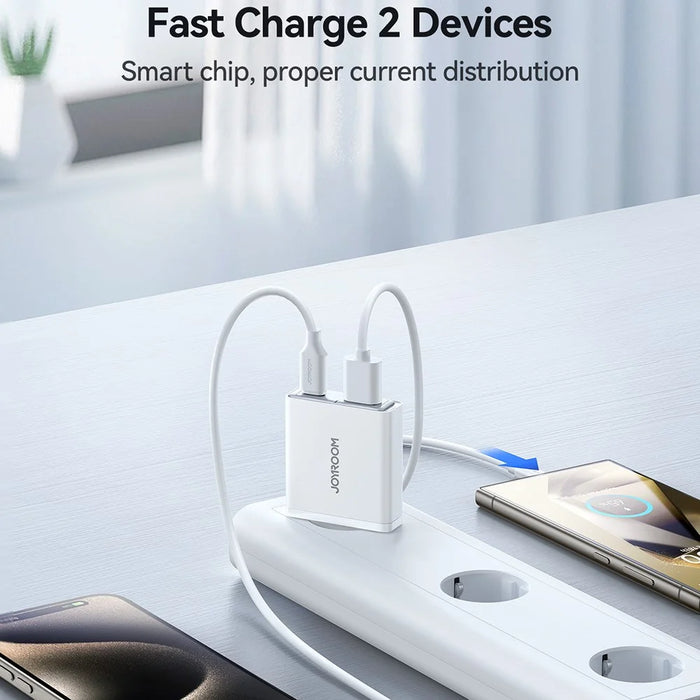 JOYROOM JR-TCF14 20W Fast Charging Charger USB-C+USB-A Dual Port Adapter, EU Plug for iPhone 16-15 Series - White - 2