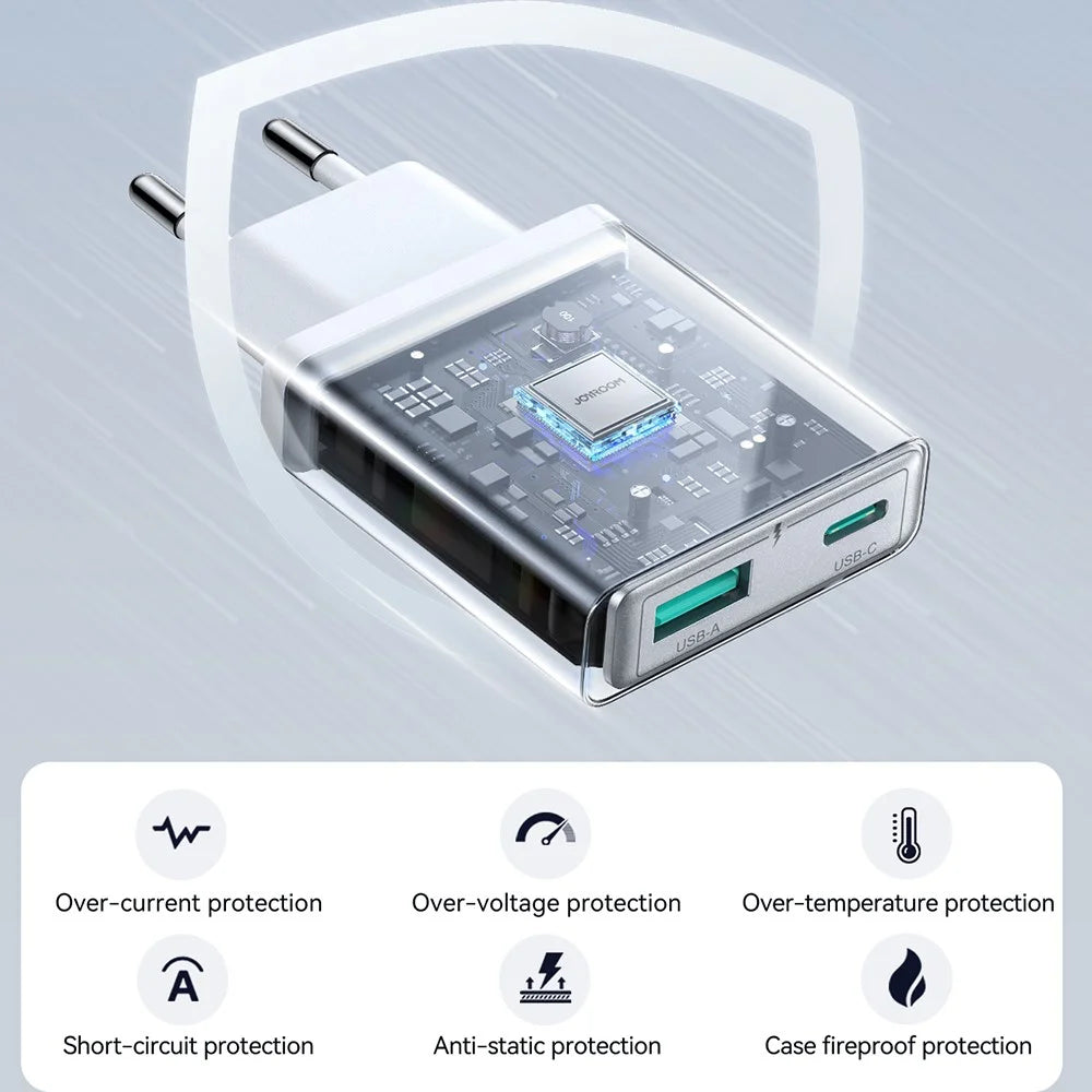 JOYROOM JR-TCF14 20W Fast Charging Charger USB-C+USB-A Dual Port Adapter, EU Plug for iPhone 16-15 Series - White - 5