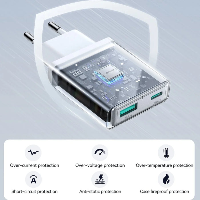 JOYROOM JR-TCF14 20W Fast Charging Charger USB-C+USB-A Dual Port Adapter, EU Plug for iPhone 16-15 Series - White - 5