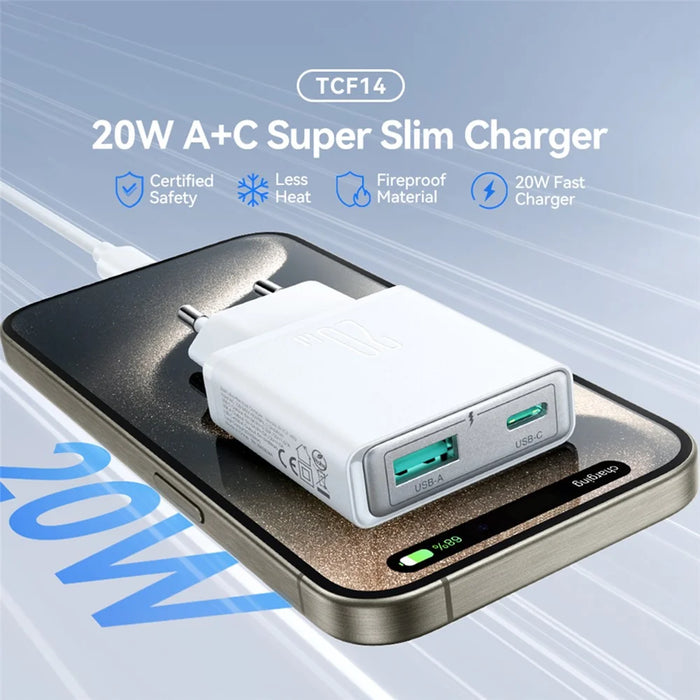 JOYROOM JR-TCF14 20W Fast Charging Charger USB-C+USB-A Dual Port Adapter, EU Plug for iPhone 16-15 Series - White - 7