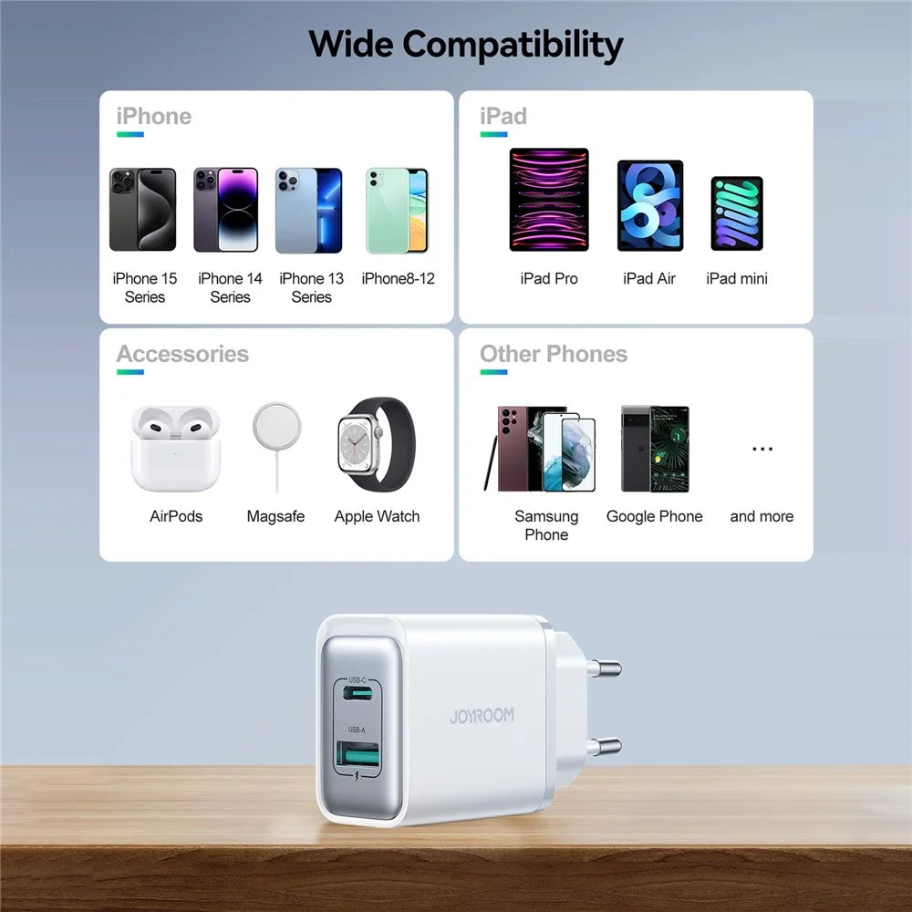 JOYROOM JR-TCF15 30W Wall Charger USB-C+USB-A Dual Port PD Fast Charging Adapter, EU Plug - 7