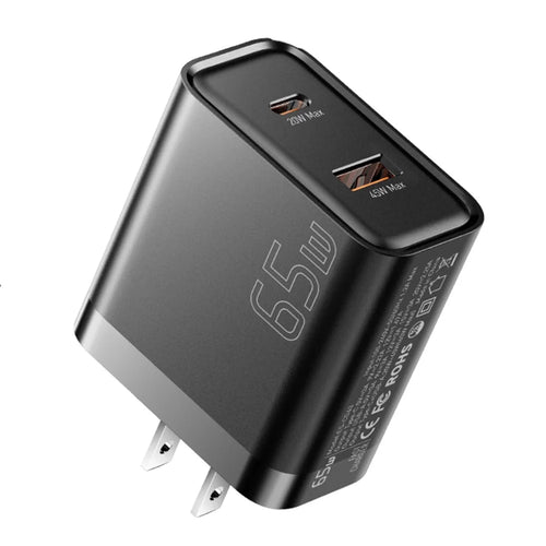 ESSAGER 65W Fast Charging Portable Power Adapter USB-A + Type-C Dual Ports Travel Charger - US Plug - 1