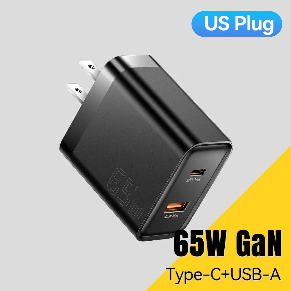 ESSAGER 65W Fast Charging Portable Power Adapter USB-A + Type-C Dual Ports Travel Charger - US Plug - 2