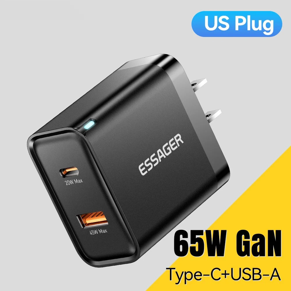 ESSAGER 65W Fast Charging Portable Power Adapter USB-A + Type-C Dual Ports Travel Charger - US Plug - 3