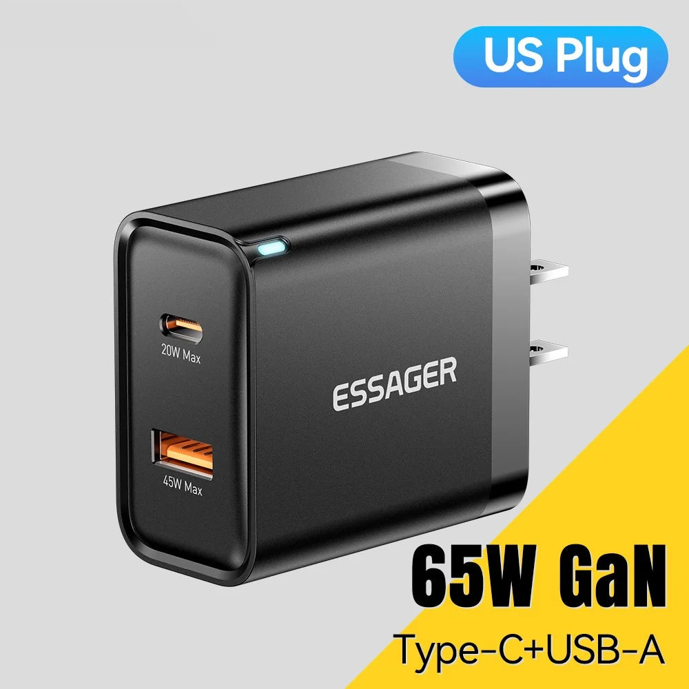 ESSAGER 65W Fast Charging Portable Power Adapter USB-A + Type-C Dual Ports Travel Charger - US Plug - 4