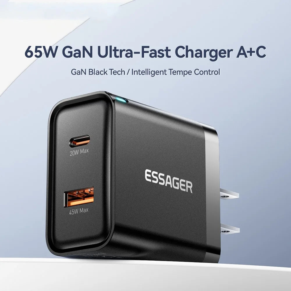ESSAGER 65W Fast Charging Portable Power Adapter USB-A + Type-C Dual Ports Travel Charger - US Plug - 5