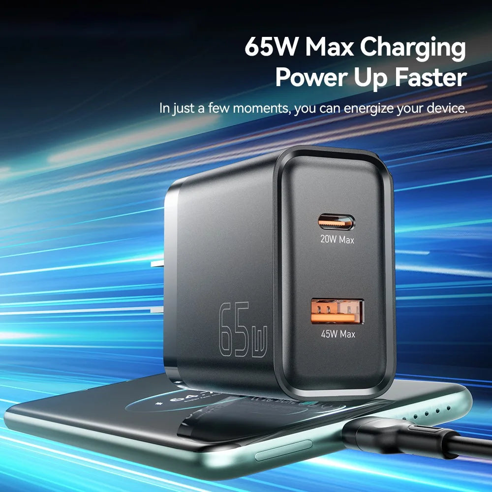 ESSAGER 65W Fast Charging Portable Power Adapter USB-A + Type-C Dual Ports Travel Charger - US Plug - 6
