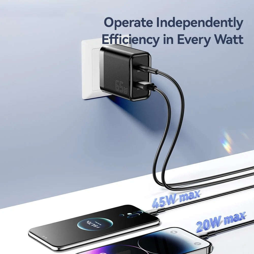 ESSAGER 65W Fast Charging Portable Power Adapter USB-A + Type-C Dual Ports Travel Charger - US Plug - 7