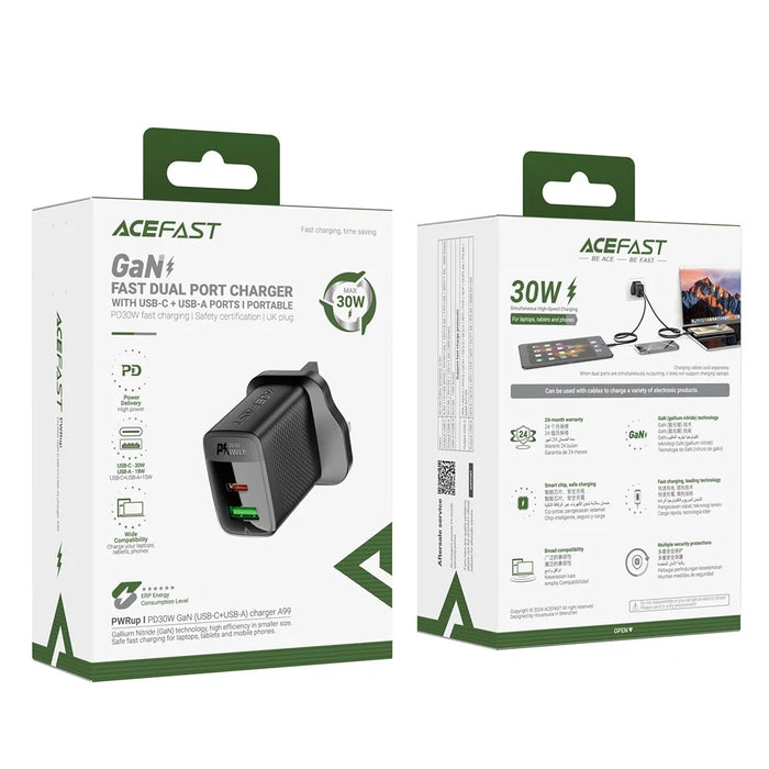ACEFAST A99 PD 30W GaN Charger Fast Charging USB-C+USB-A Dual Port Charger, UK Plug - 7