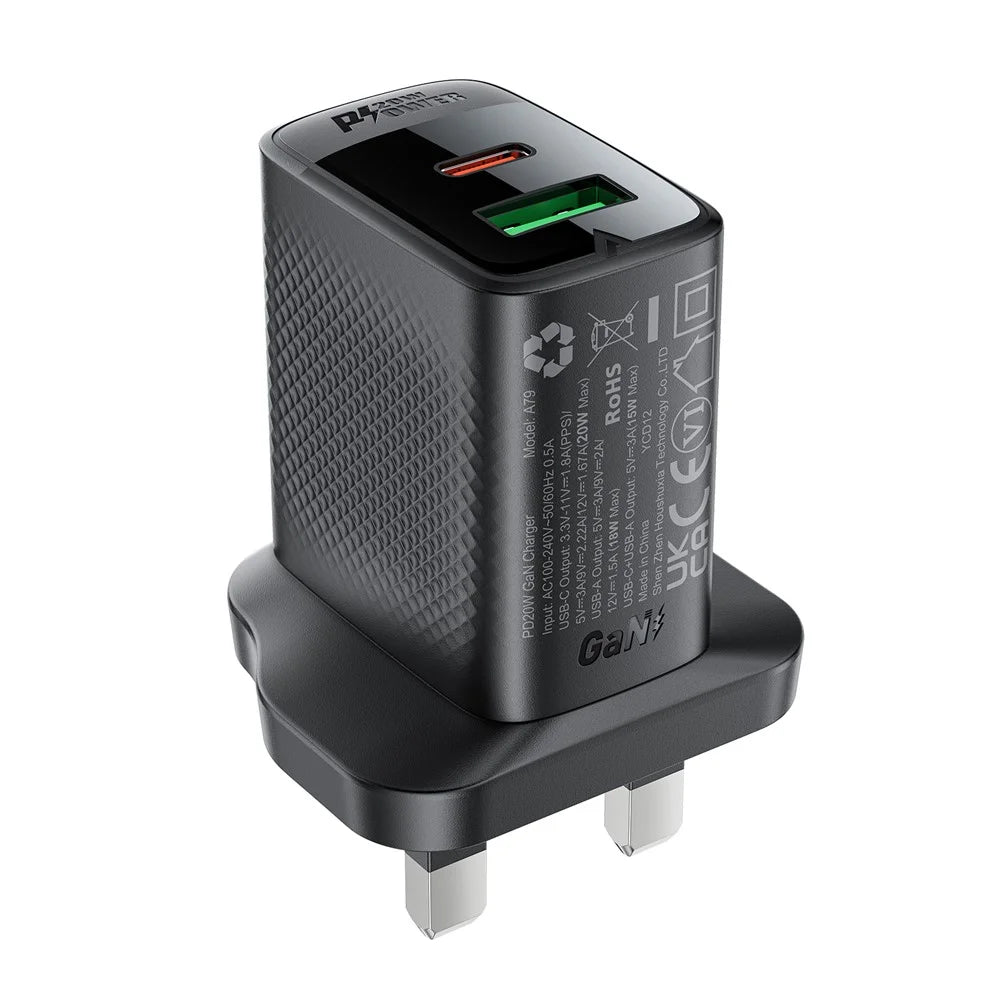 ACEFAST A79 PD 20W GaN Charger USB-C+USB-A Dual Port Phone Charger, UK Plug - 2