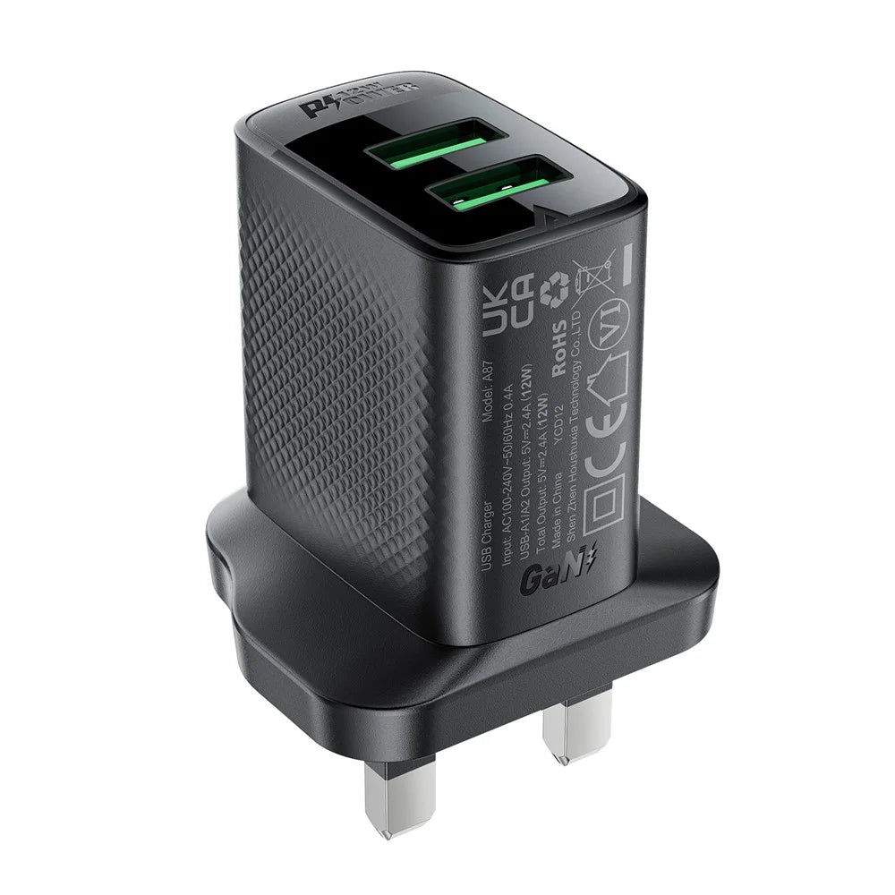 ACEFAST A87 12W Wall Charger USB-A+USB-A Dual Port Phone Charger, UK Plug - 2