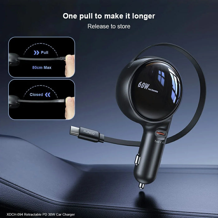 XUNDD XDCH-094 PD 30W Type-C Fast Charging Car Charger Adapter with 30W Type-C Retractable Cable - 3