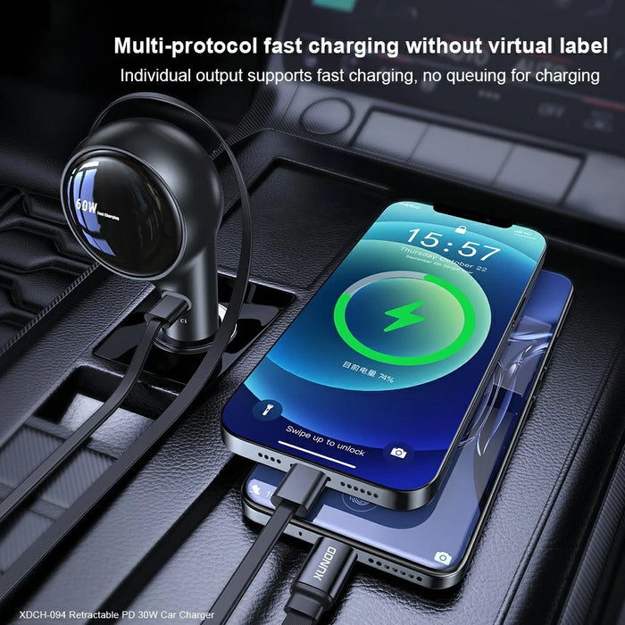 XUNDD XDCH-094 PD 30W Type-C Fast Charging Car Charger Adapter with 30W Type-C Retractable Cable - 7