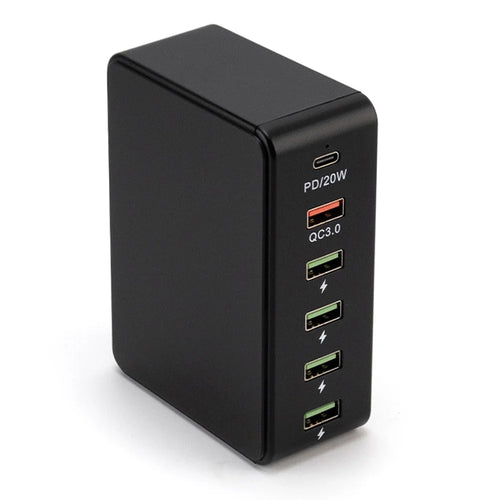 818PD QC3.0 PD 20W Fast Charging Station 5 USB + 1 Type-C Phone Tablet Desktop Charger - Black / EU Plug - 1