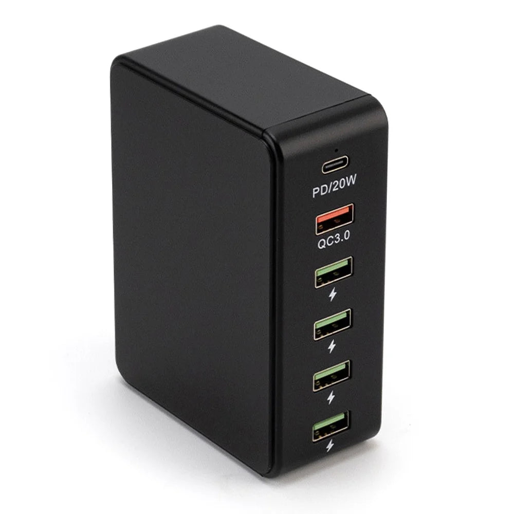 818PD QC3.0 PD 20W Fast Charging Station 5 USB + 1 Type-C Phone Tablet Desktop Charger - Black / EU Plug - 1