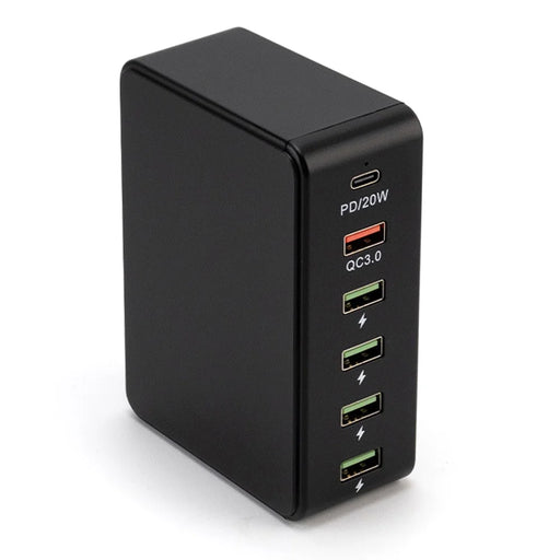 818PD QC3.0 PD 20W Fast Charging Station 5 USB + 1 Type-C Phone Tablet Desktop Charger - Black / EU Plug - 1