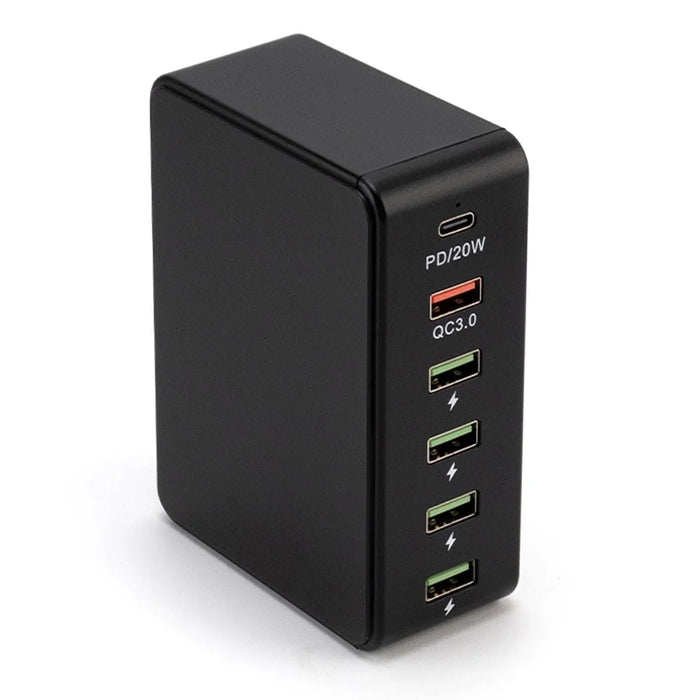 818PD QC3.0 PD 20W Fast Charging Station 5 USB + 1 Type-C Phone Tablet Desktop Charger - Black / EU Plug - 1